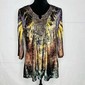 One World Multicolor Velvet Crochet Top Sz Large V-Neck Tunic Art-To-Wear Beaded